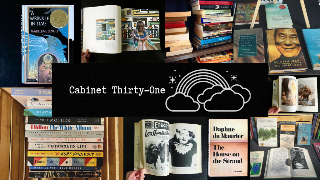 Photo collage showing a selection of used books curated by Cabinet Thirty-One. Titles that stand out include "Entangled Life," "The House on the Strand," "The Sentence" and "Slaughterhouse Five." At the center of the photo collage is Cabinet Thirty-One's black and white logo with rainbow.